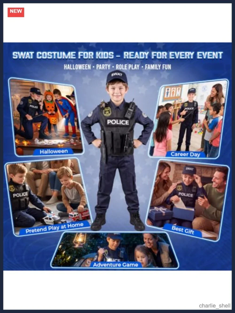 Kids SWAT Police Costume 10-Piece Cop Dress Up Set Halloween Pretend Play